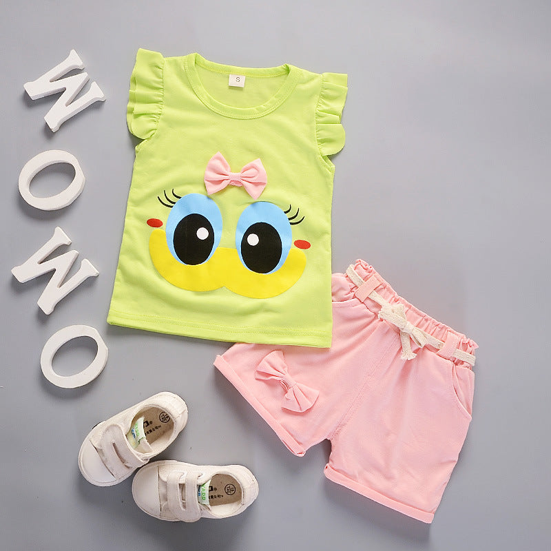 Korean children's clothing summer clothes girls summer cartoon flower vest suit 0-4 years old baby girl shorts two-piece suit trendy