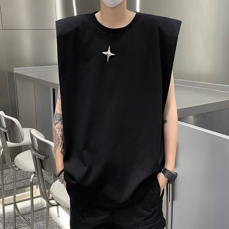 Black high-grade padded shoulder vest for men, summer small neckline, heavy cotton sleeveless T-shirt, trendy round neck top