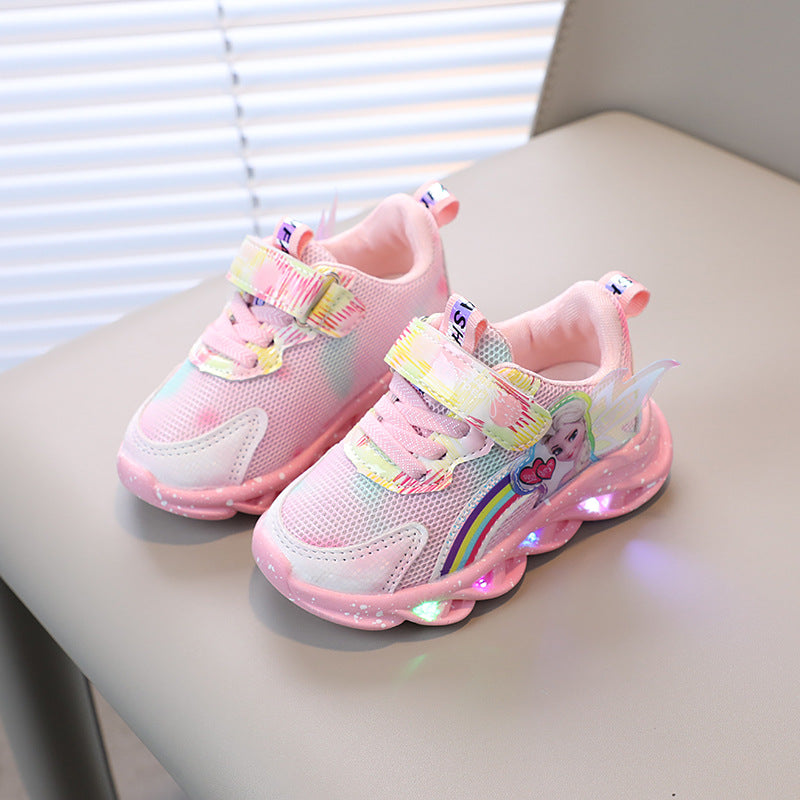 Wholesale girls' shoes with lights 2023 spring and autumn new mesh breathable children's sports shoes all-match Aisha children's shoes