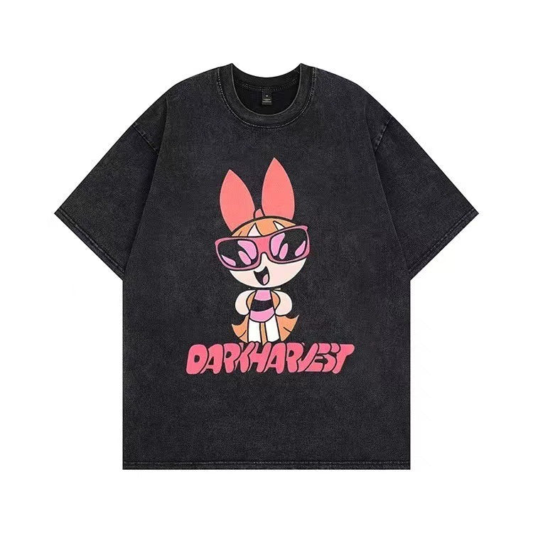 American cartoon washed short-sleeved T-shirt 2024 new couple high street trendy men's street trendy brand old loose short-sleeved