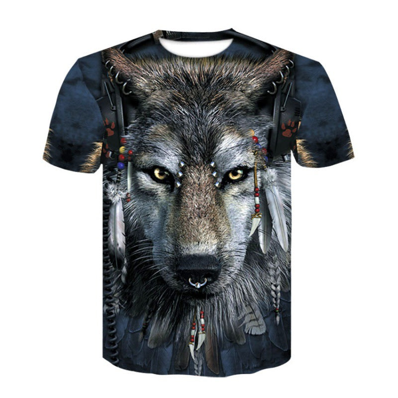 Foreign trade new style black and white wolf head pattern 3D three-dimensional printing short-sleeved T-shirt tide brand half-sleeved T-shirt loose clothes