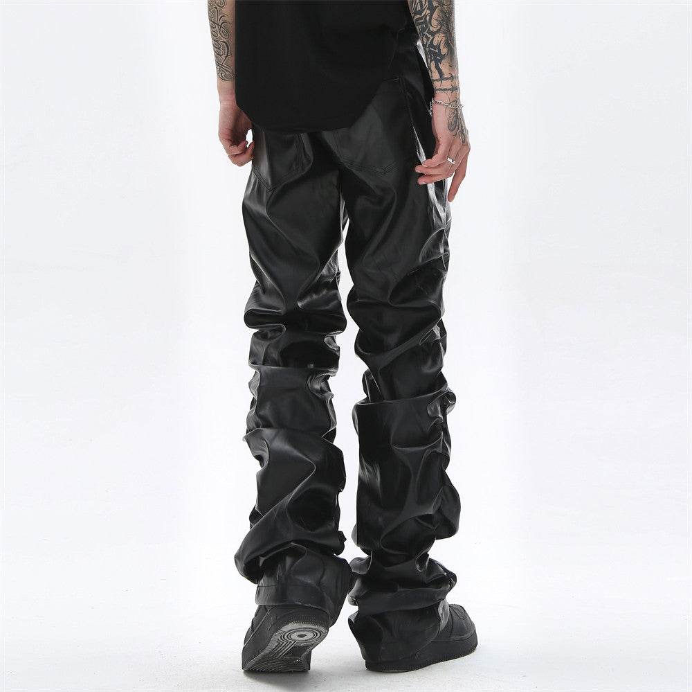 Dark punk niche design bright surface folded leather pants men's ins national trend hip-hop loose casual nine-point trousers