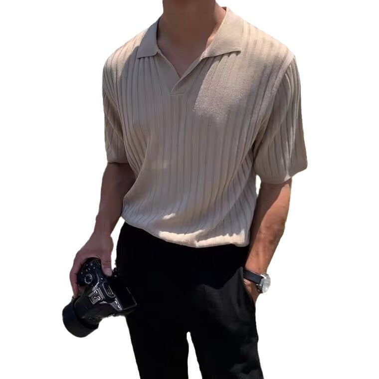 Summer new ins business mature style high quality casual lapel slim knit sweater men's POLO short sleeve trend