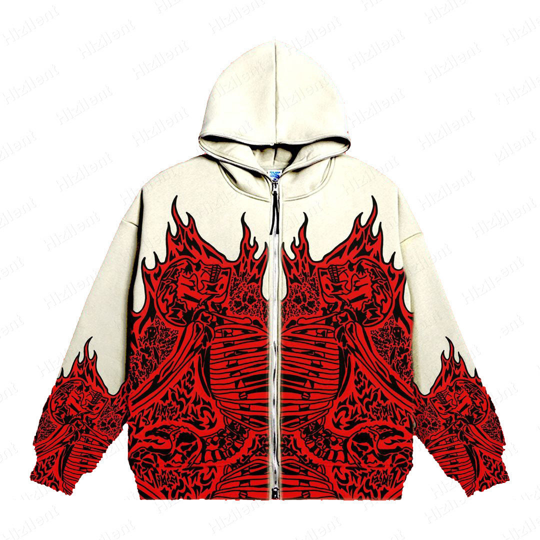 2022 Cross Border Men's Streetwear Vintage Skull Hoodie Zipper Hoodie Sweatshirt Gothic Tops