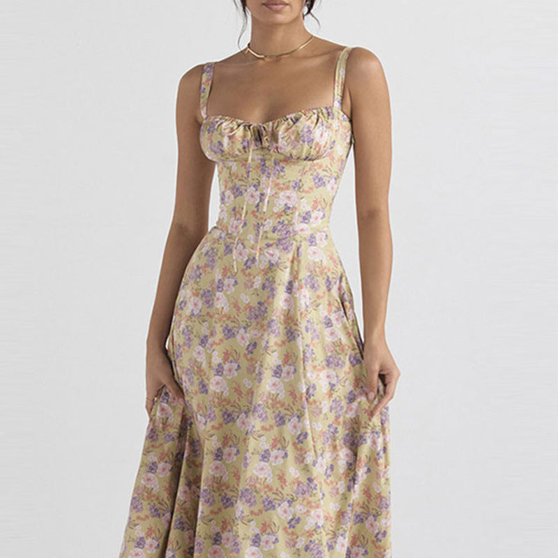 Amazon low-cut sexy women's clothing 2023 summer European and American new print strap waist suspenders slit dress