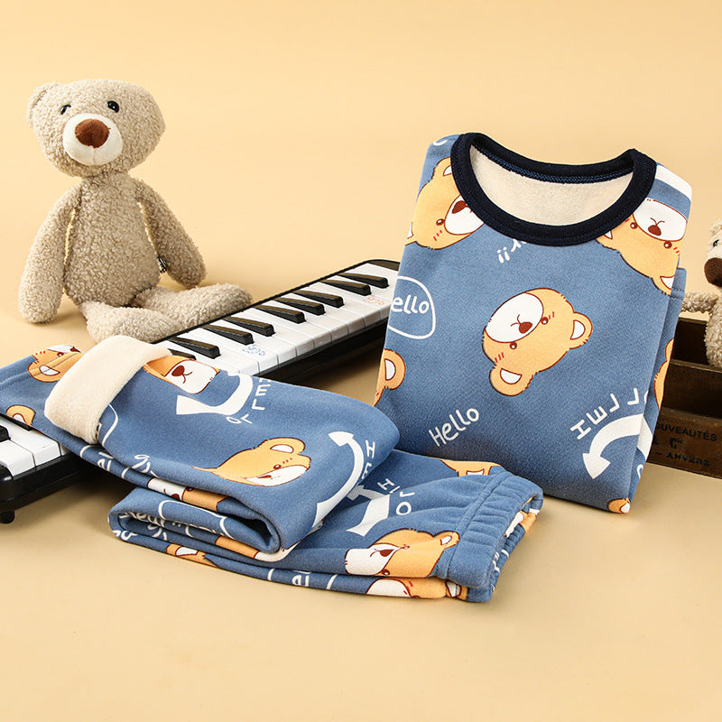 Children's thermal underwear set plus velvet and thickened winter boys' baby autumn clothes autumn pants girls' warm clothing set