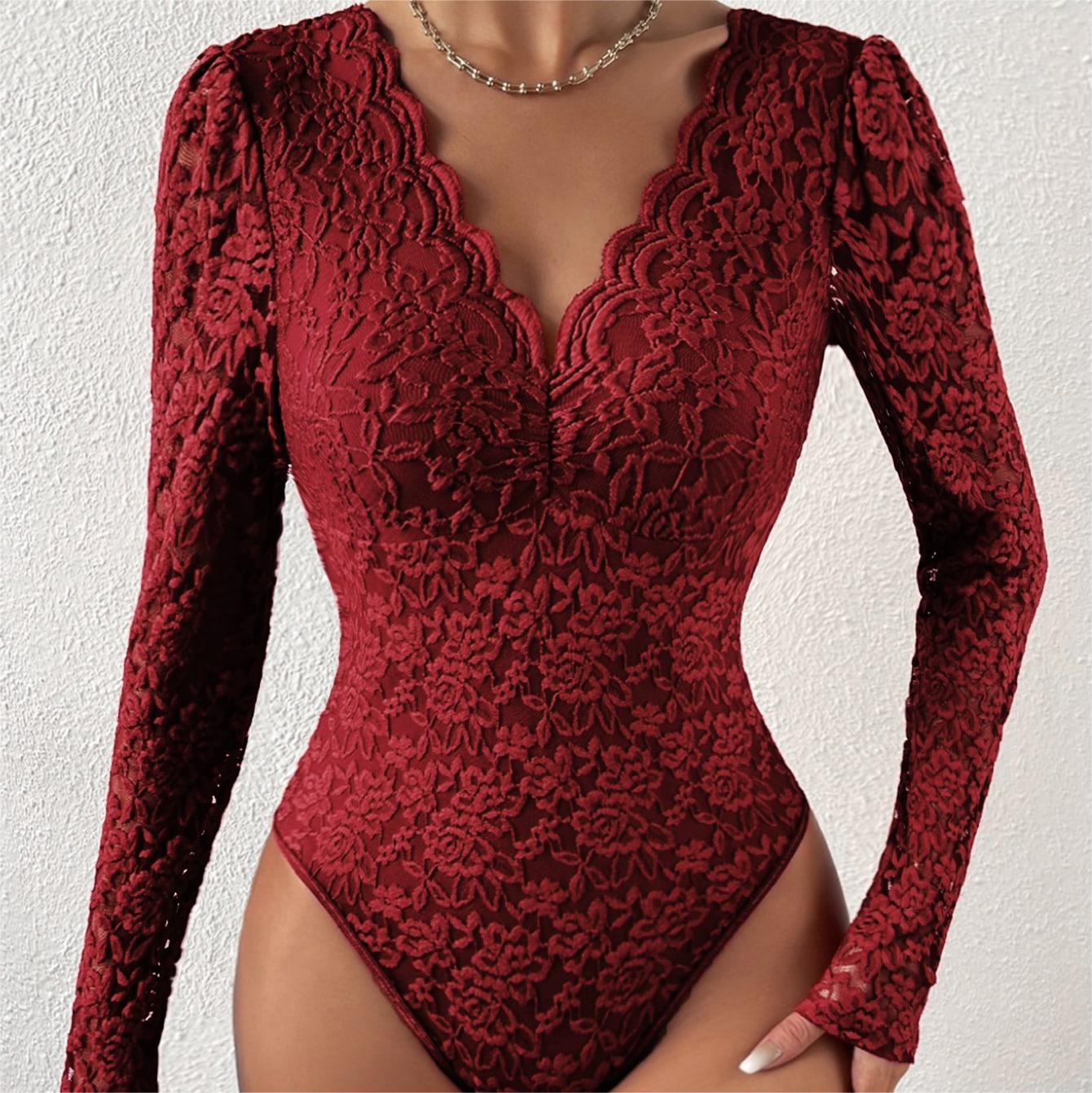 Cross-border foreign trade Amazon hot selling sexy solid color lace long-sleeved hot girl see-through slim fit jumpsuit 10717