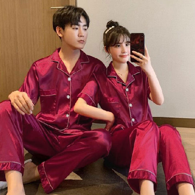 Couple series ice silk various solid color pajamas summer cool short-sleeved silk shorts simple style home clothes suit