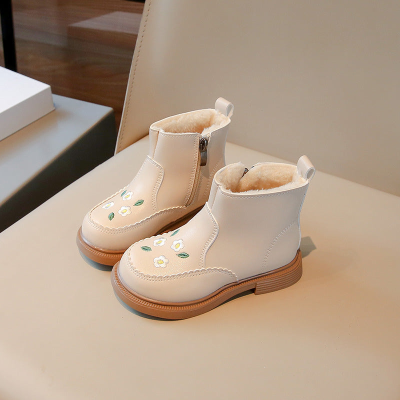 Girls' short boots 2024 winter new children's boots fashionable Martin boots little girls cotton shoes winter plus velvet leather boots