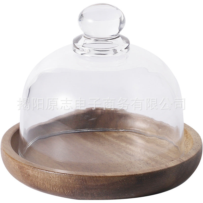 European style mini dessert cake glass cover transparent dust cover afternoon tea snack display tray wooden base