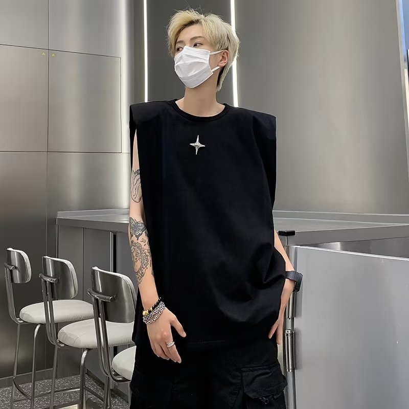 Black high-grade padded shoulder vest for men, summer small neckline, heavy cotton sleeveless T-shirt, trendy round neck top