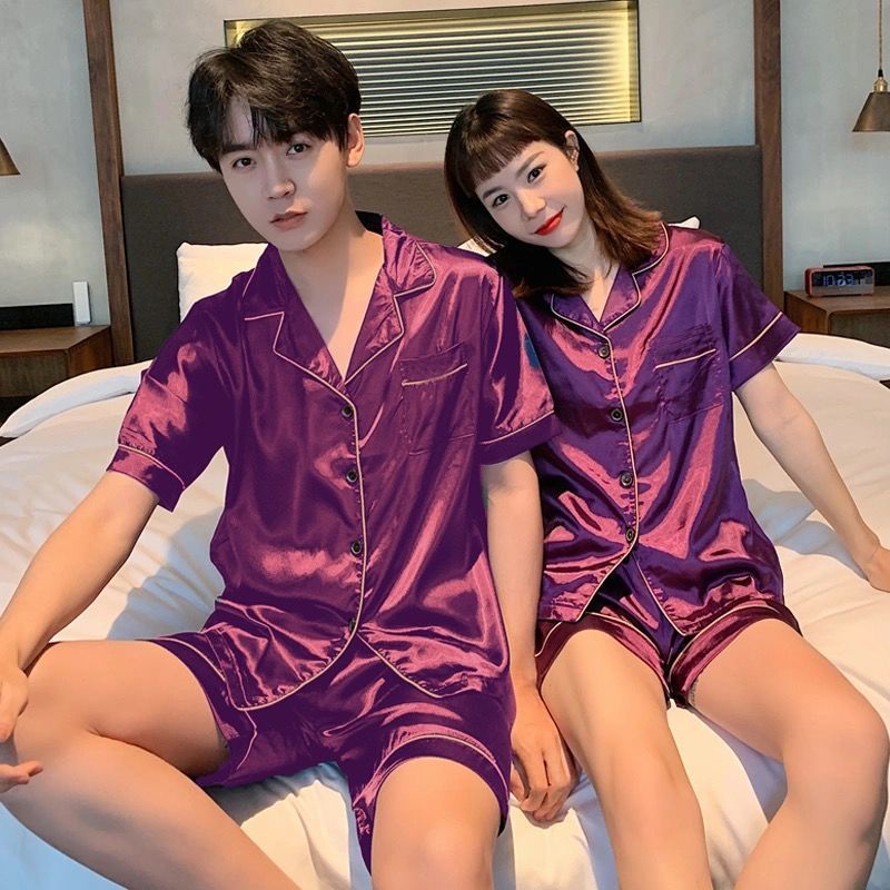 Couple series ice silk various solid color pajamas summer cool short-sleeved silk shorts simple style home clothes suit