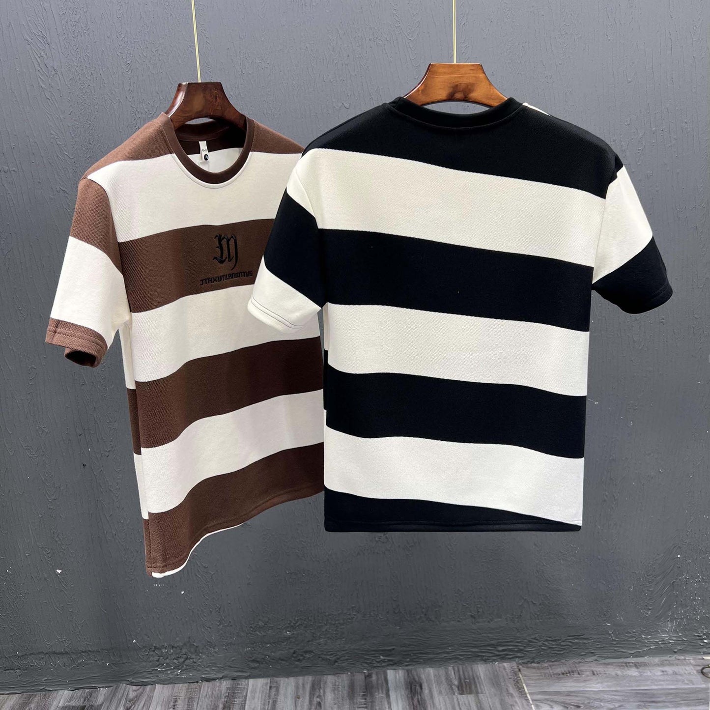 Black and white striped T-shirt men's summer ins trendy brand embroidered half-sleeved T-shirt 2024 new men's top trendy short-sleeved