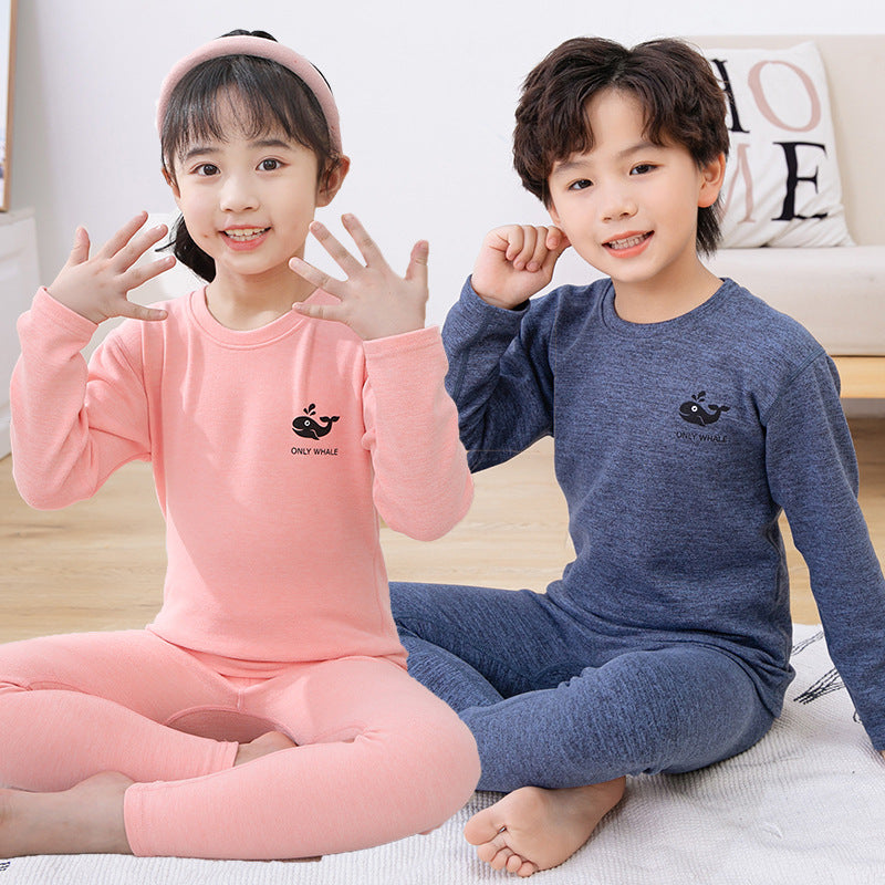 Mid-round neck children's home clothes set double-sided frosted boys and girls long johns AB thermal underwear pajamas