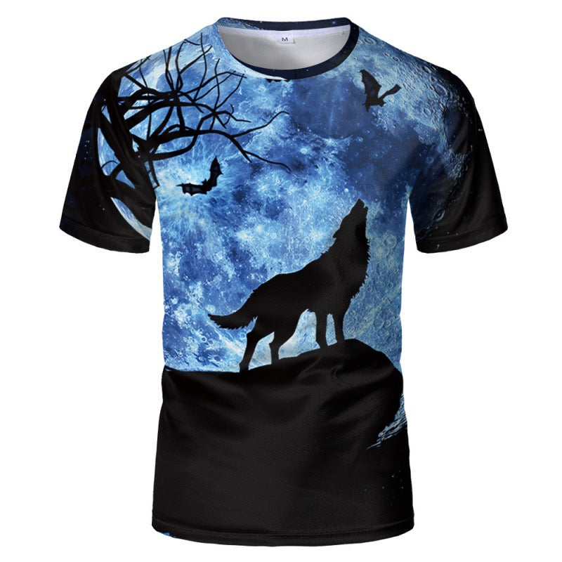 Foreign trade new style black and white wolf head pattern 3D three-dimensional printing short-sleeved T-shirt tide brand half-sleeved T-shirt loose clothes