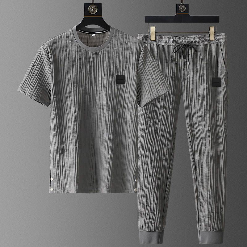 European station summer elastic ice silk casual sports suit men's pleated thin section short-sleeved trousers two-piece suit for men