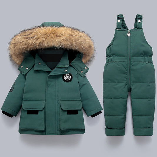 Children's down jacket suits for infants and young children aged 1-5 years old, new winter clothes for boys and girls, two-piece tops and overalls