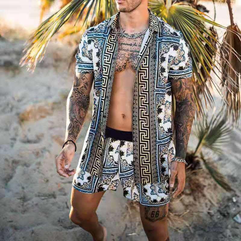 2022 Summer Amazon AliExpress Europe and America Cross-border Men's Shirts Casual Loose Short Sleeve Shorts Beach Suits