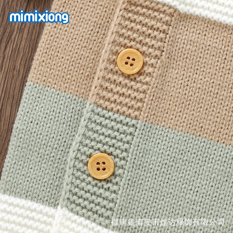 ins hot sale autumn and winter new baby knitted striped one-piece romper climbing clothes boys and girls baby single-breasted jumpsuit