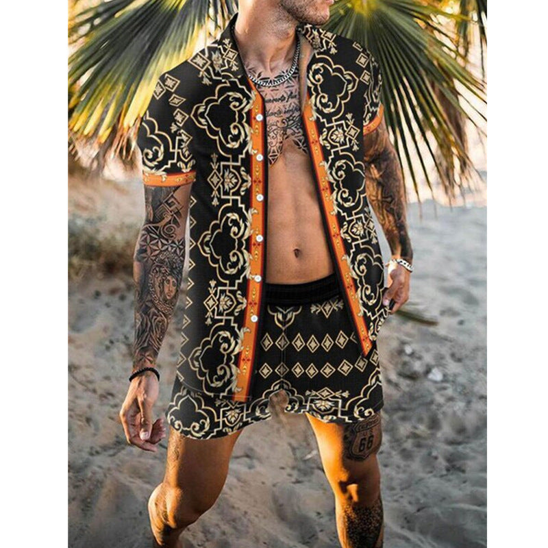 2022 Summer Amazon AliExpress Europe and America Cross-border Men's Shirts Casual Loose Short Sleeve Shorts Beach Suits