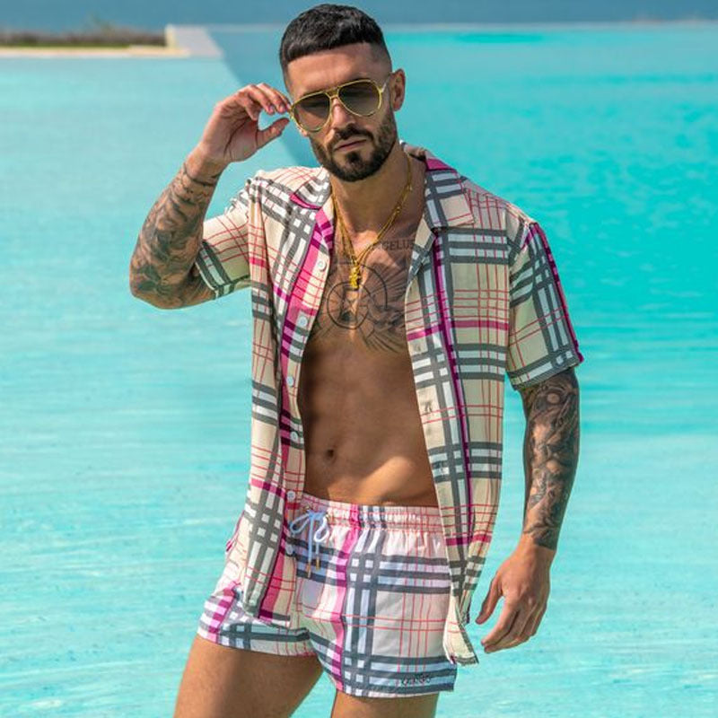 2022 Summer Amazon AliExpress Europe and America Cross-border Men's Shirts Casual Loose Short Sleeve Shorts Beach Suits