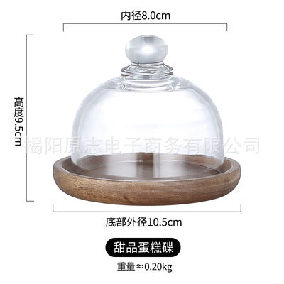 European style mini dessert cake glass cover transparent dust cover afternoon tea snack display tray wooden base