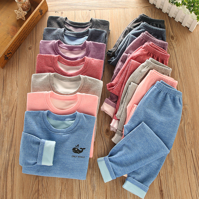Mid-round neck children's home clothes set double-sided frosted boys and girls long johns AB thermal underwear pajamas