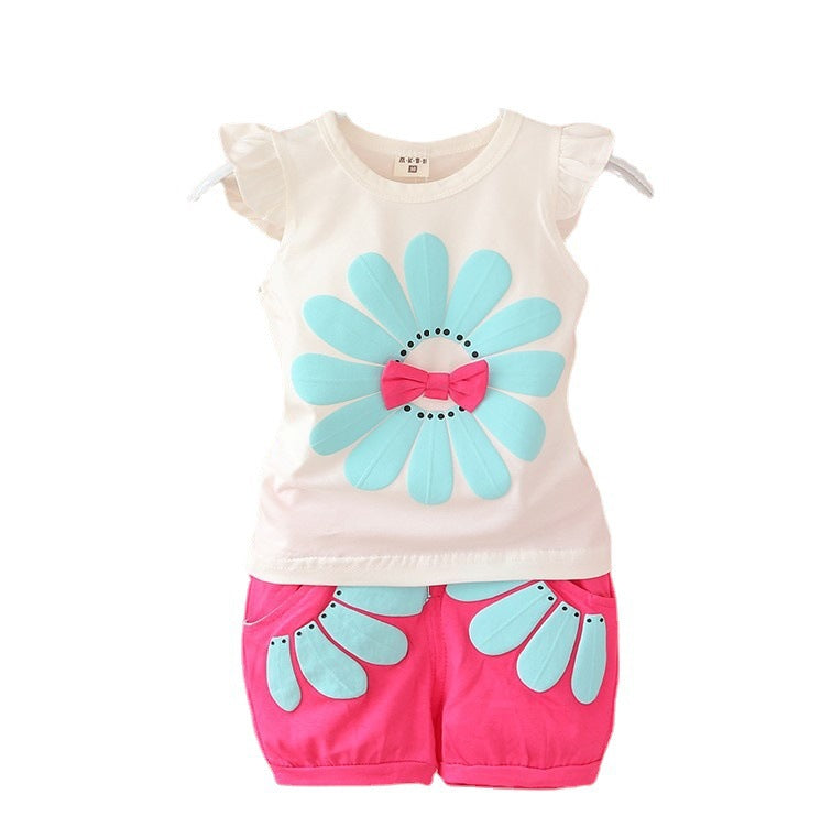 Korean children's clothing summer clothes girls summer cartoon flower vest suit 0-4 years old baby girl shorts two-piece suit trendy