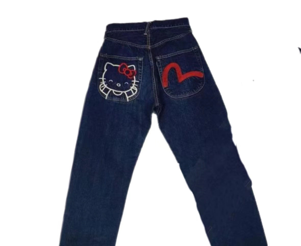 2023 American hip-hop trend high street fashion brand hellokitty Hello Kitty print jeans loose straight pants
