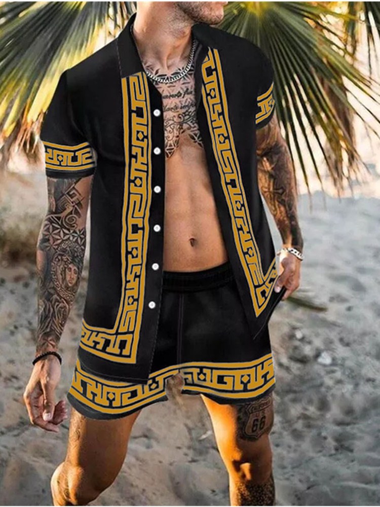 2022 Summer Amazon AliExpress Europe and America Cross-border Men's Shirts Casual Loose Short Sleeve Shorts Beach Suits