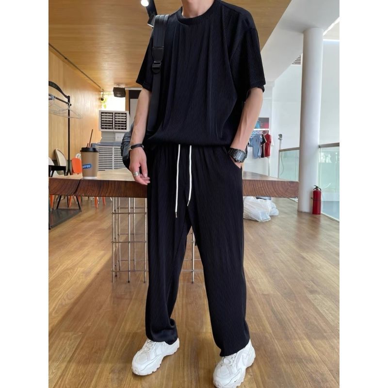 Ins Korean version of the trend elastic silky drape louvers summer thin section breathable comfortable loose casual suit men