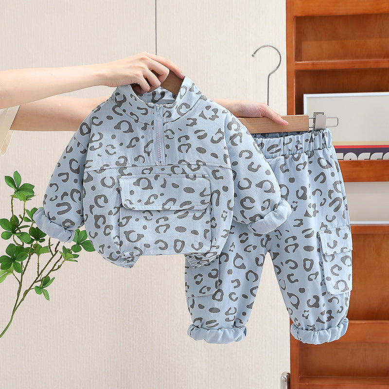 Baby spring clothes 2024 new boys and girls two-piece suits for children leopard print stand collar suits for one piece