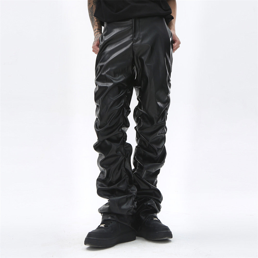 Dark punk niche design bright surface folded leather pants men's ins national trend hip-hop loose casual nine-point trousers