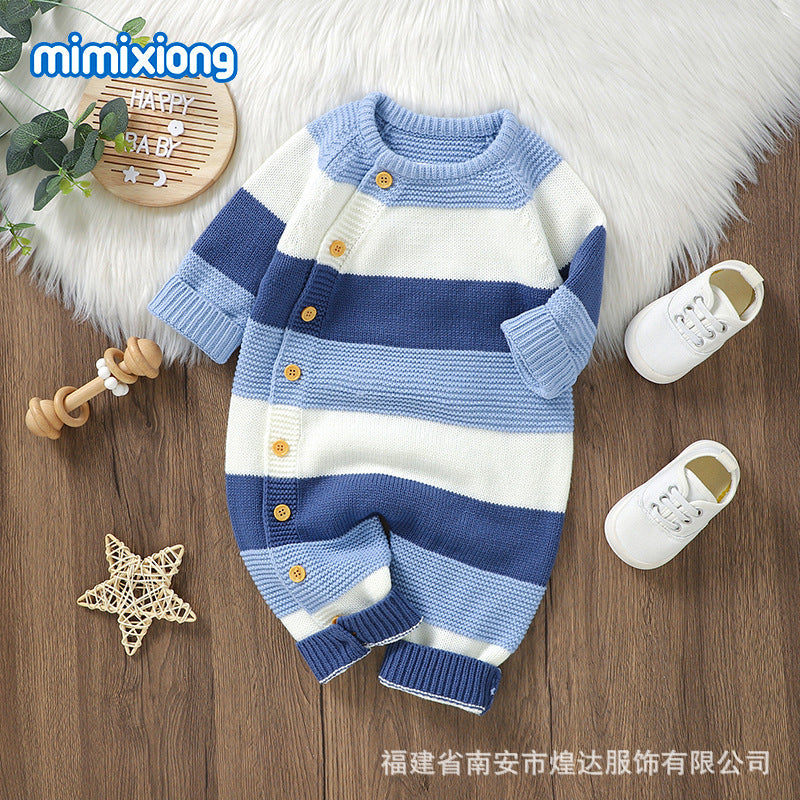 ins hot sale autumn and winter new baby knitted striped one-piece romper climbing clothes boys and girls baby single-breasted jumpsuit