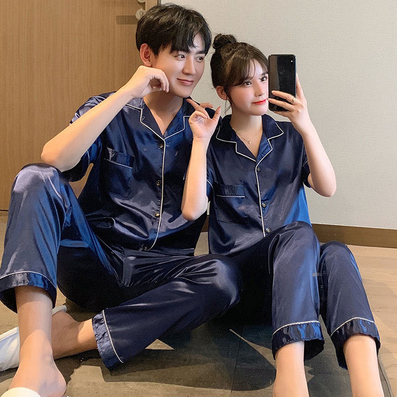 Couple series ice silk various solid color pajamas summer cool short-sleeved silk shorts simple style home clothes suit