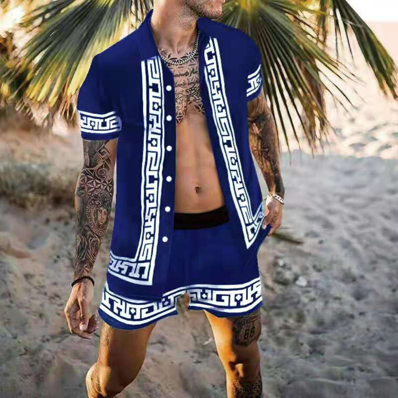 2022 Summer Amazon AliExpress Europe and America Cross-border Men's Shirts Casual Loose Short Sleeve Shorts Beach Suits