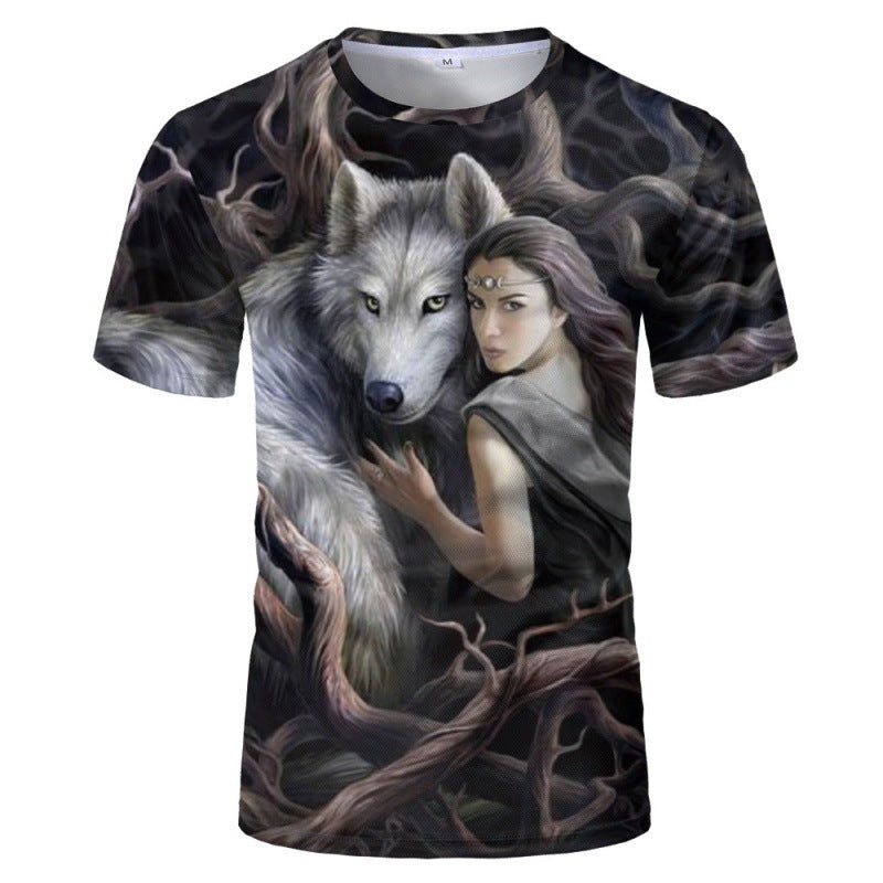 Foreign trade new style black and white wolf head pattern 3D three-dimensional printing short-sleeved T-shirt tide brand half-sleeved T-shirt loose clothes