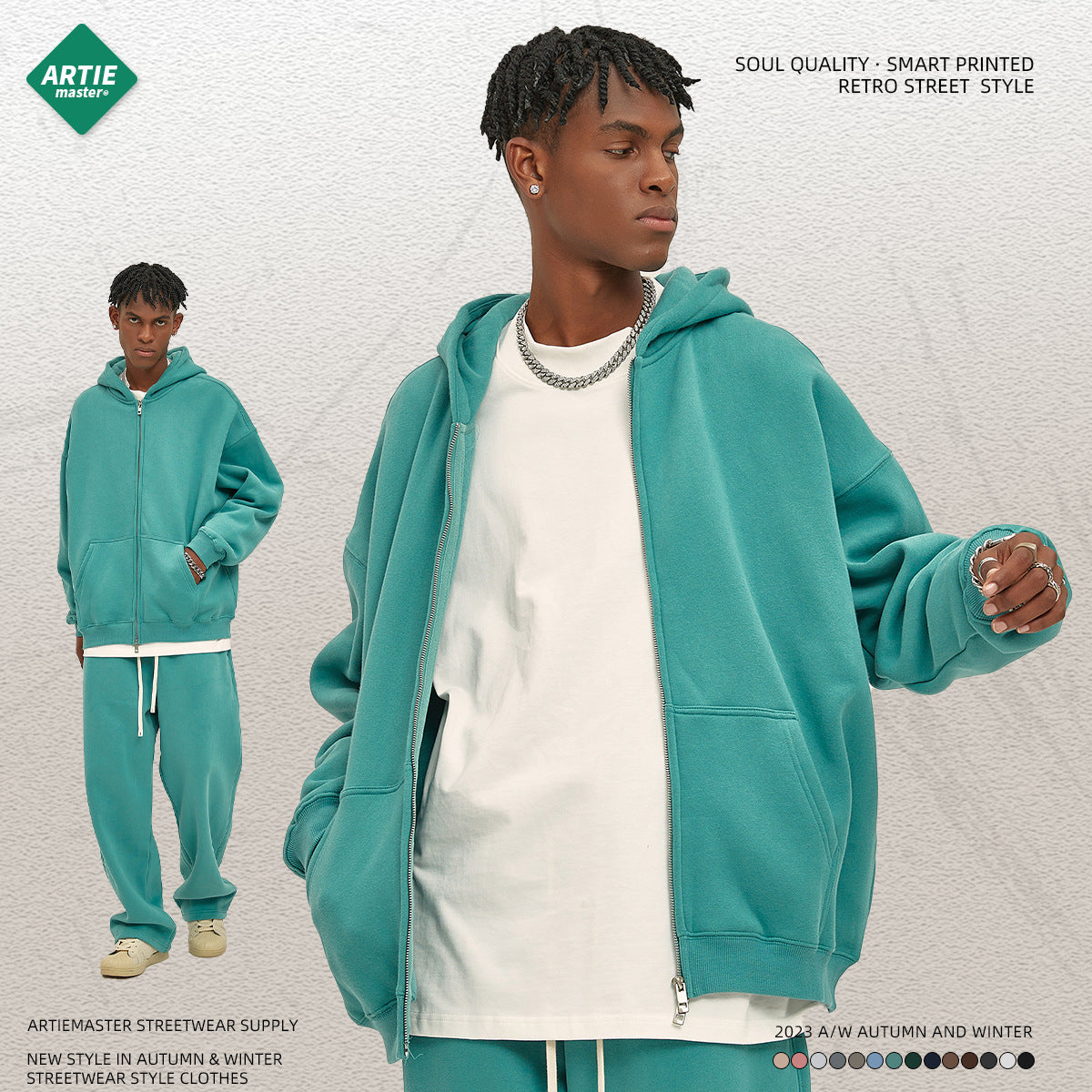 Velvet 350G Double-Head Zipper Cardigan Loose Fashion Brand Hooded Sweatshirt