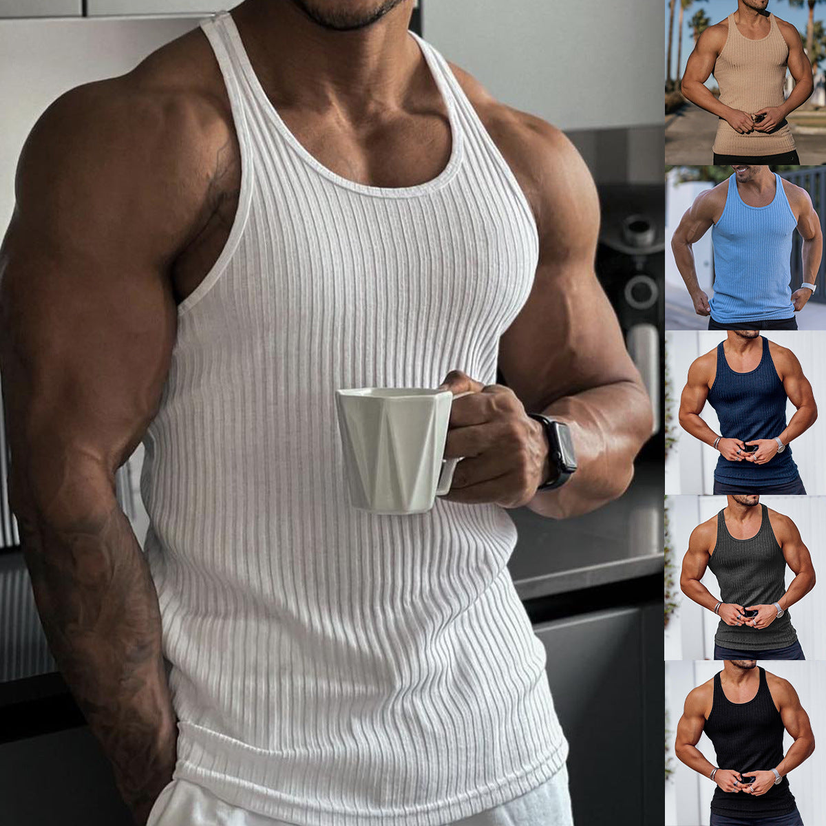 Cross-border foreign trade summer knitted vertical stripe fitness sports self-cultivation vest men's I-shaped vest