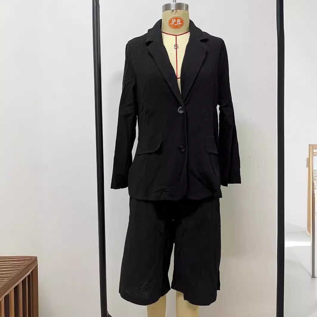 Amazon 2023 Spring and Autumn Cross-border New Foreign Trade Women's Cotton and Linen Cardigan Tops Shorts Small Suit Two-piece Set