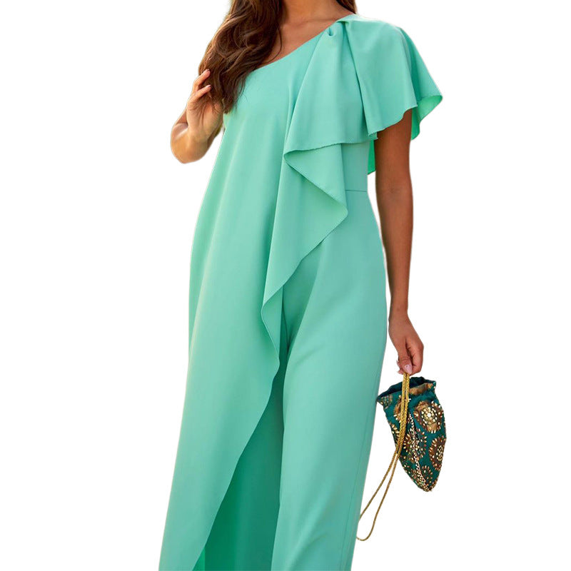 FD1329 Spot 2023 summer new cross-border ladies fashion solid color loose slanted shoulder long jumpsuit