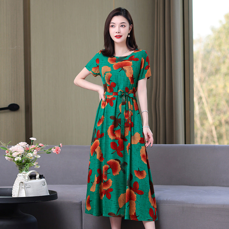 Artificial cotton silk dress women's clothing 2023 summer new middle-aged mother mid-length over-the-knee plus-size loose skirt