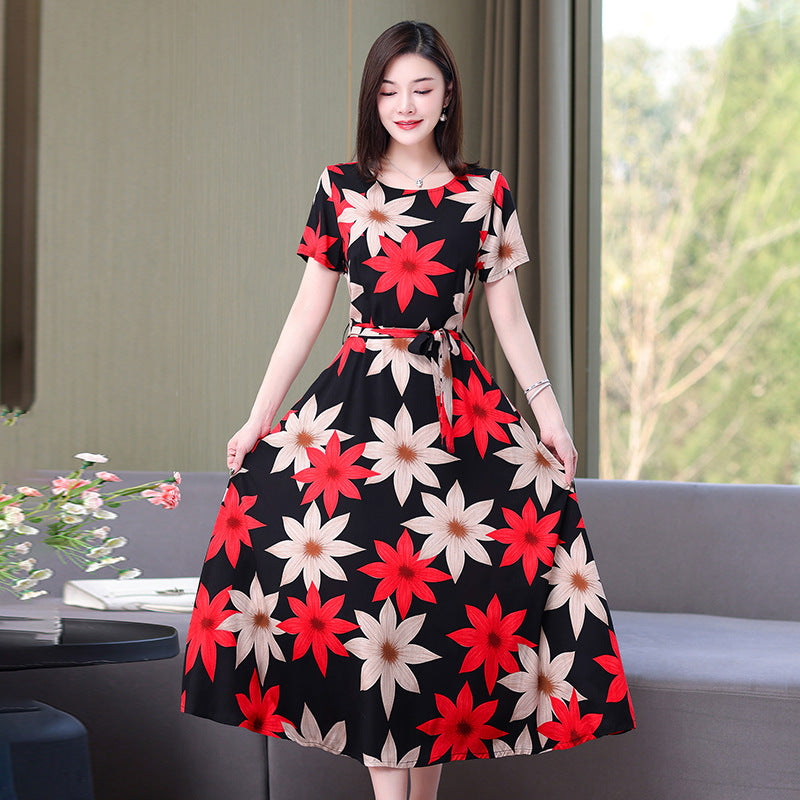 Artificial cotton silk dress women's clothing 2023 summer new middle-aged mother mid-length over-the-knee plus-size loose skirt