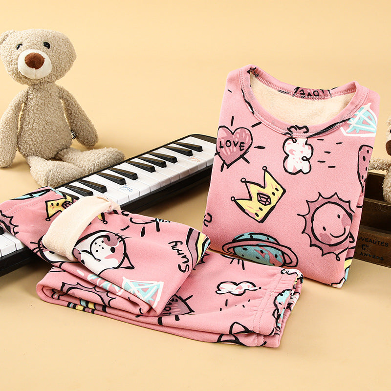 Children's thermal underwear set plus velvet and thickened winter boys' baby autumn clothes autumn pants girls' warm clothing set