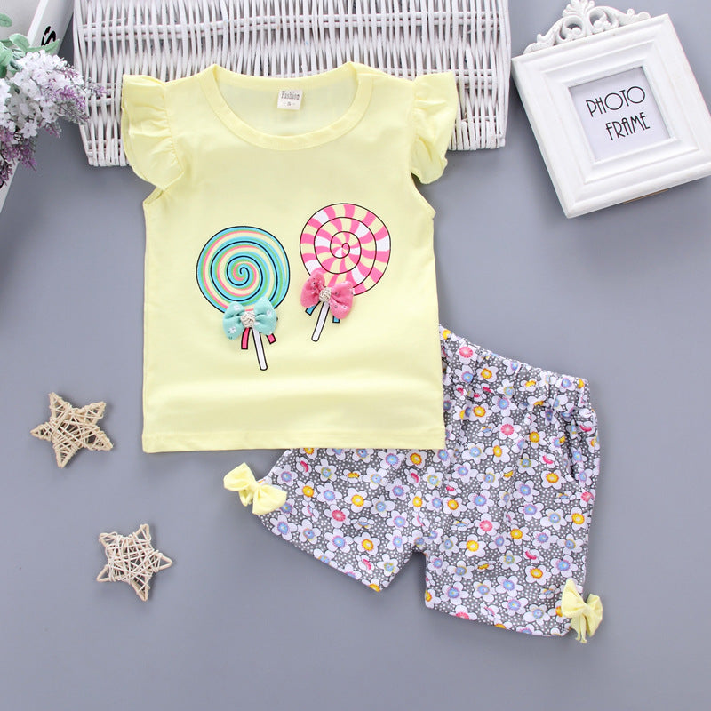 Korean children's clothing summer clothes girls summer cartoon flower vest suit 0-4 years old baby girl shorts two-piece suit trendy