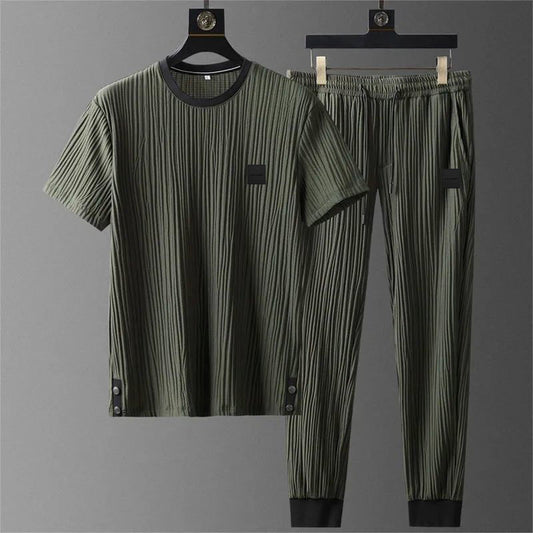 European station summer elastic ice silk casual sports suit men's pleated thin section short-sleeved trousers two-piece suit for men