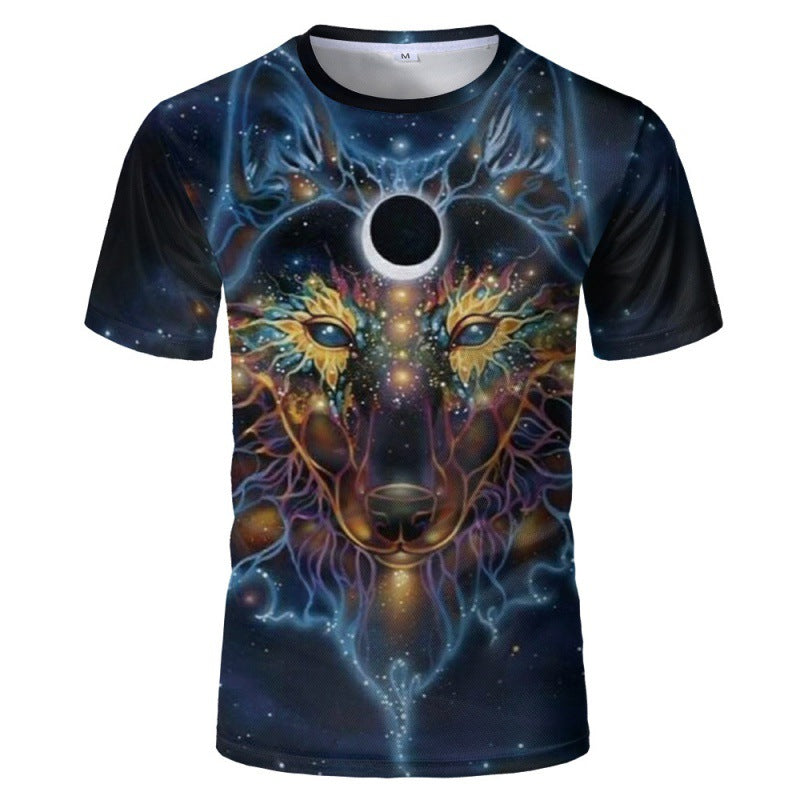 Foreign trade new style black and white wolf head pattern 3D three-dimensional printing short-sleeved T-shirt tide brand half-sleeved T-shirt loose clothes
