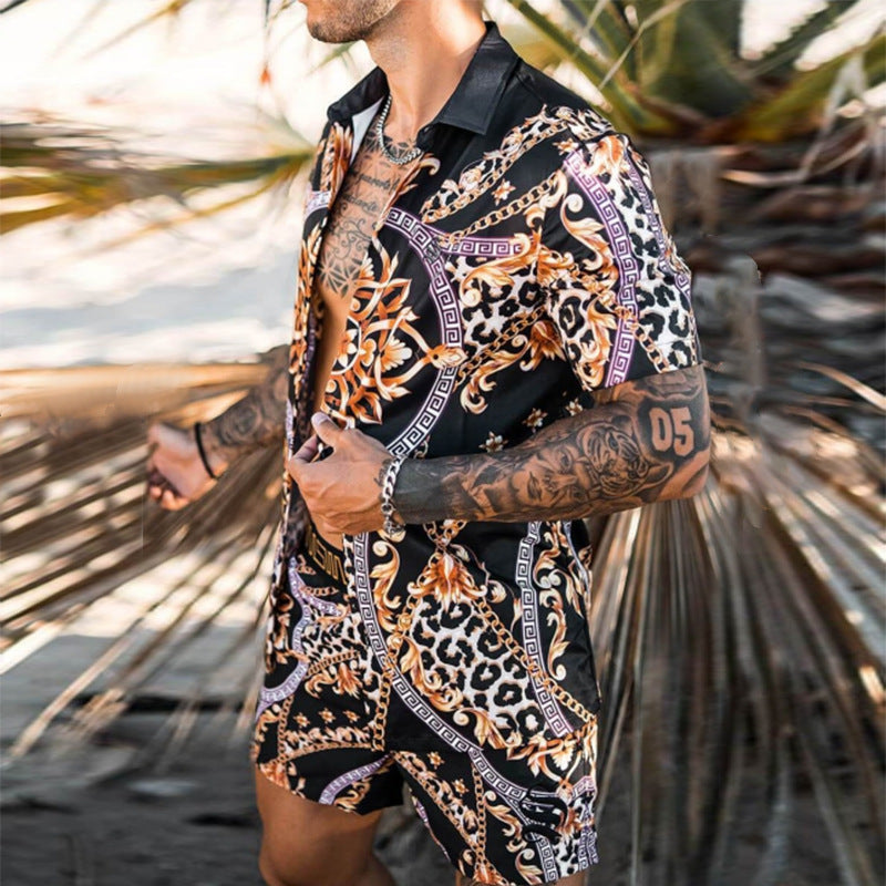 2022 Summer Amazon AliExpress Europe and America Cross-border Men's Shirts Casual Loose Short Sleeve Shorts Beach Suits