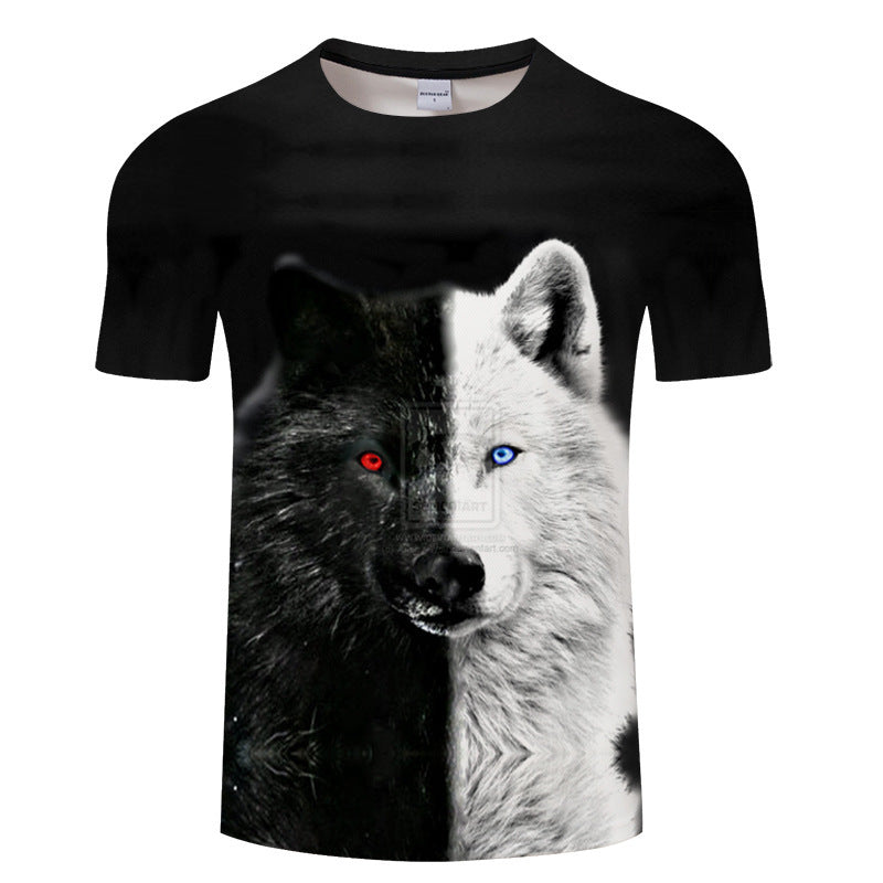 Foreign trade new style black and white wolf head pattern 3D three-dimensional printing short-sleeved T-shirt tide brand half-sleeved T-shirt loose clothes
