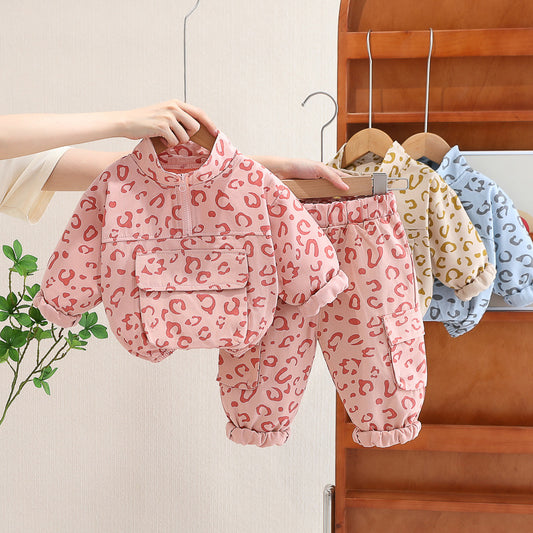 Baby spring clothes 2024 new boys and girls two-piece suits for children leopard print stand collar suits for one piece